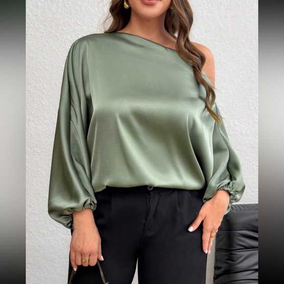 Luxe plus size dark green asymmetrical neck blouse - Picture 1 of 6